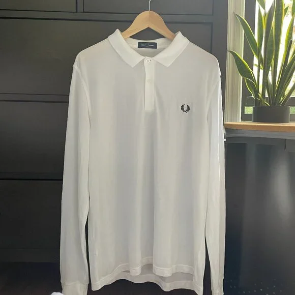 White Long Sleeve Fred Perry Polo (Large)